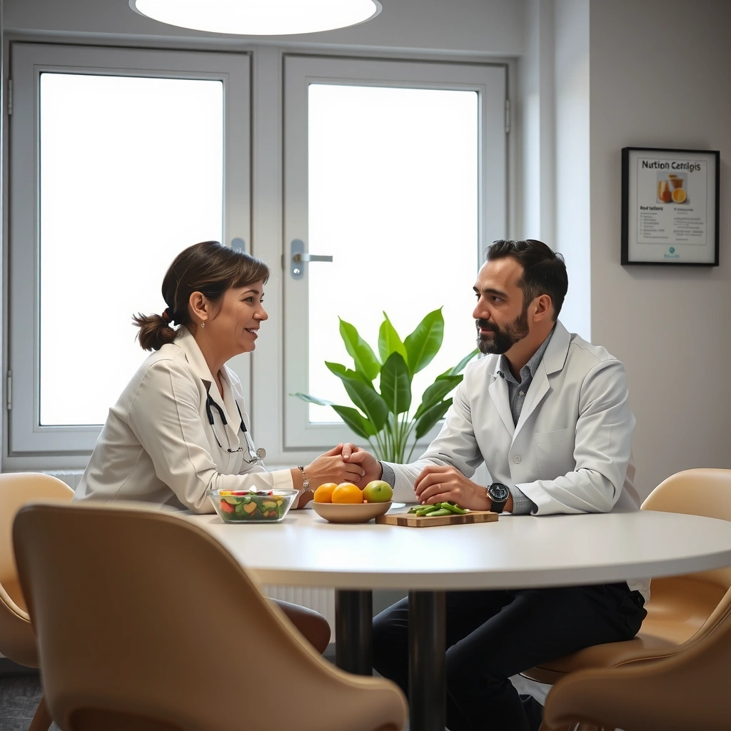 Nutricionista profissional em consulta com cliente, ambiente moderno e acolhedor